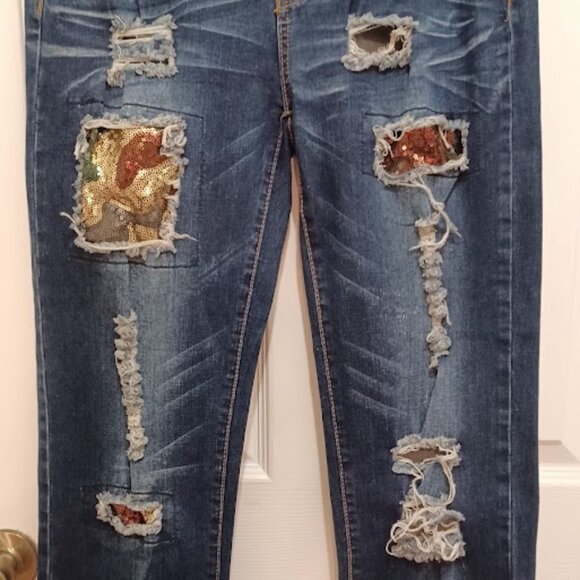 L&B Boyfriend Indigo Blue Jeans with gold sequence, size 10 - Picture 3 of 7